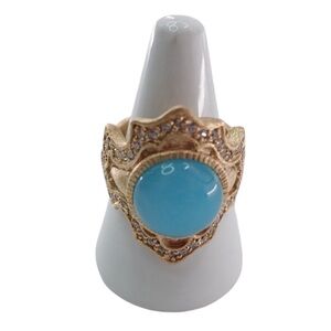 Rivka Friedman 18K Gold Clad Satin Lt Blue & CZ
Stone Ring 9.75 Statement Luxe